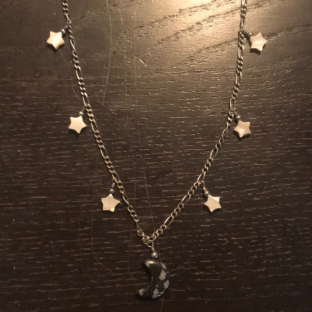 Silver & stone moon & star charm necklace